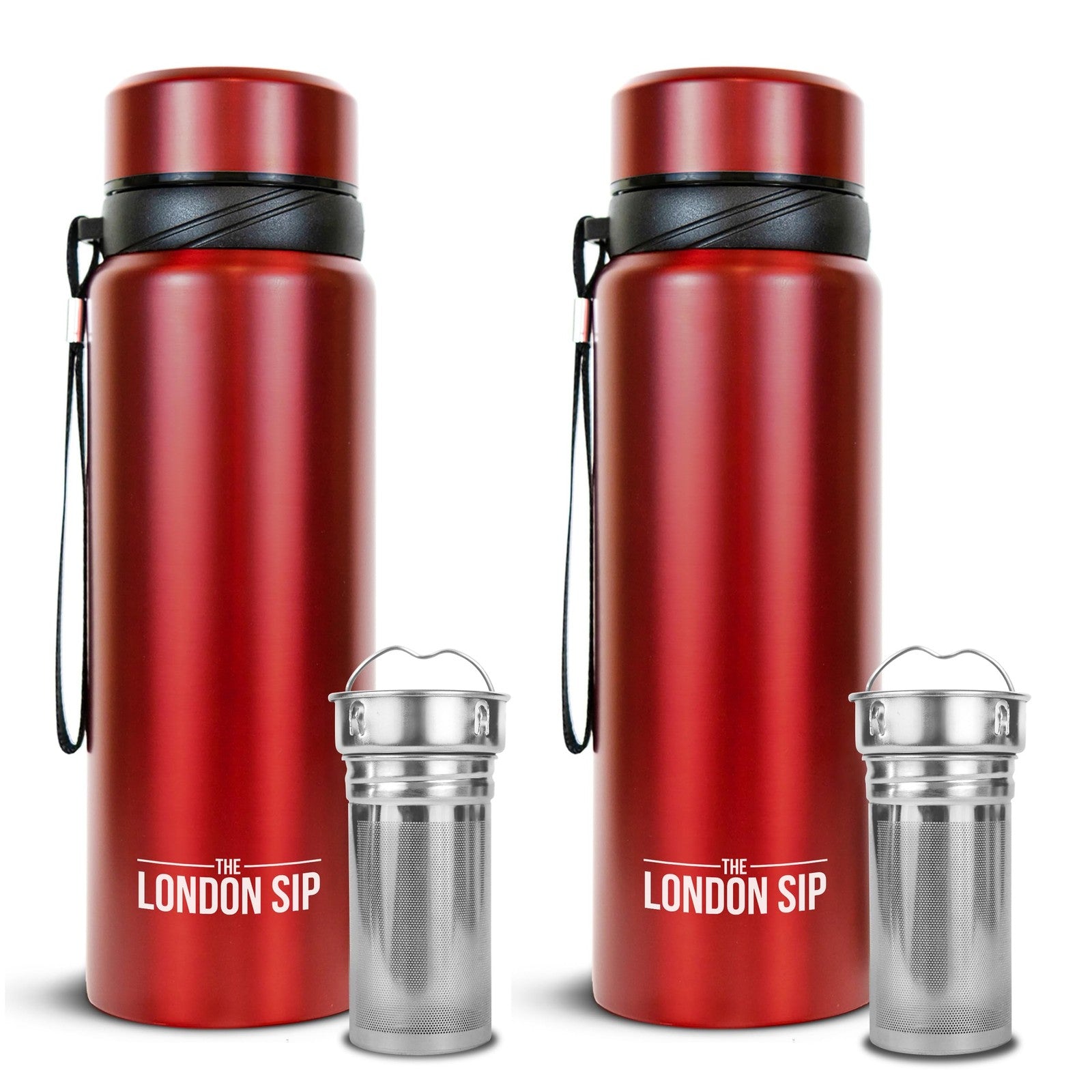 London Sip 25 oz travel mug with tea infuser, stainless steel tumbler with lid and handle, designed for hot and cold beverages.