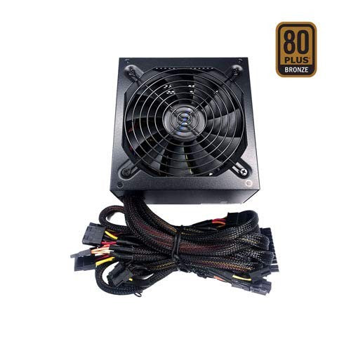 Apevia Jupiter Series 600W 80+ Bronze ATX power supply for gaming PCs, showing the black unit with brand logo and power connectors.
