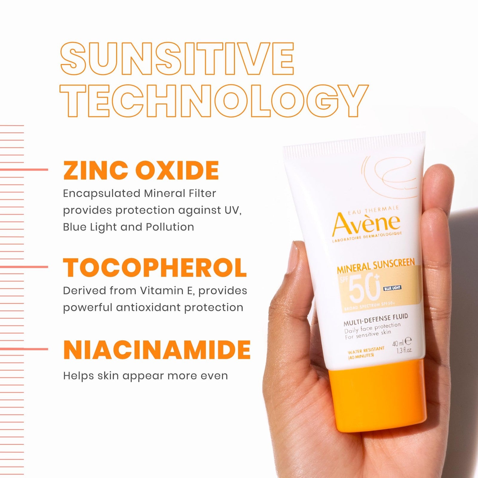 Avène Mineral Sunscreen Multi-Defense Fluid Tinted SPF 50+ with clean formula, showing the tube with tinted, lightweight sunscreen.