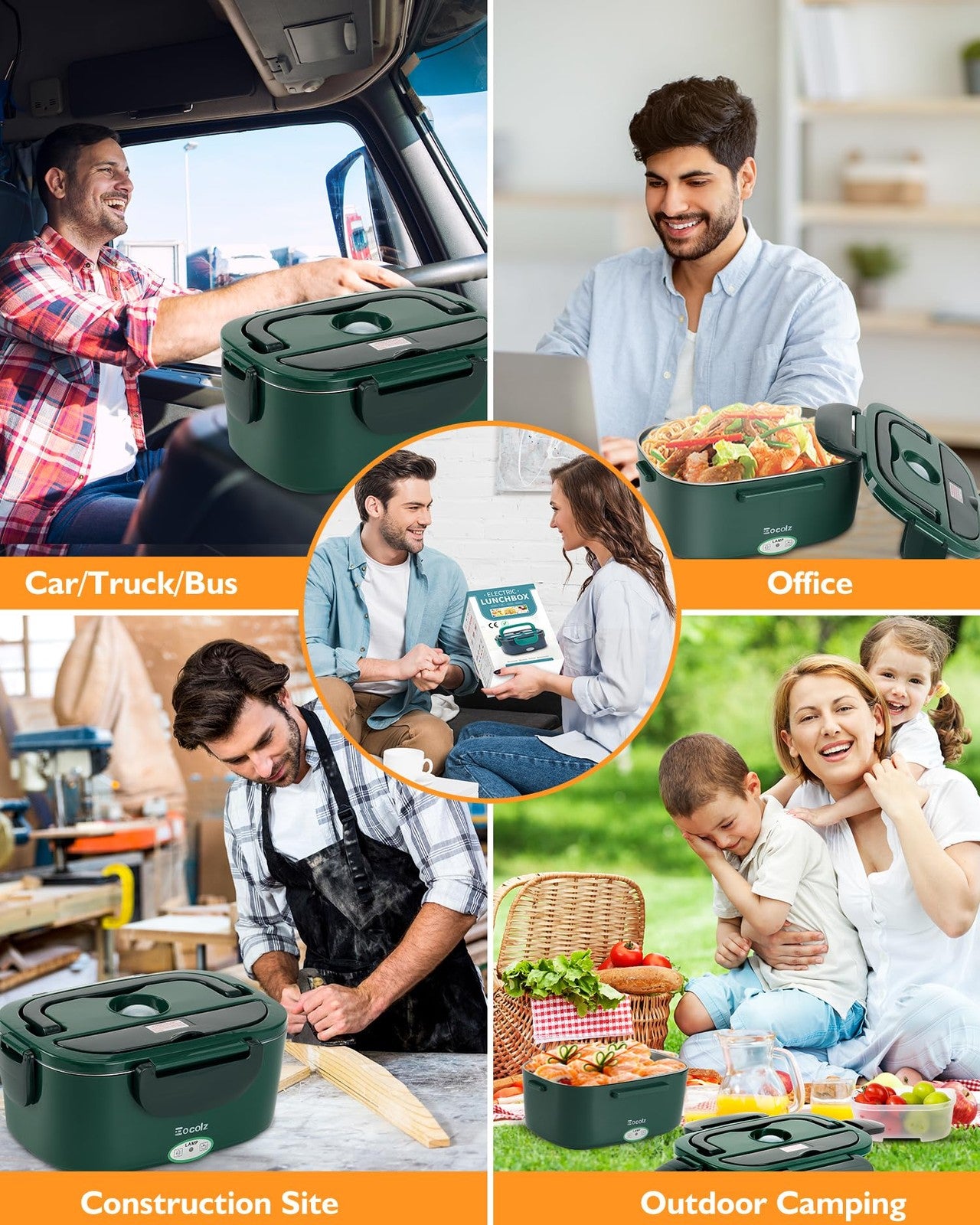 Eocolz electric lunch box food heater with 80W portable warmer, showing a compact, black electronic food warmer for adults.