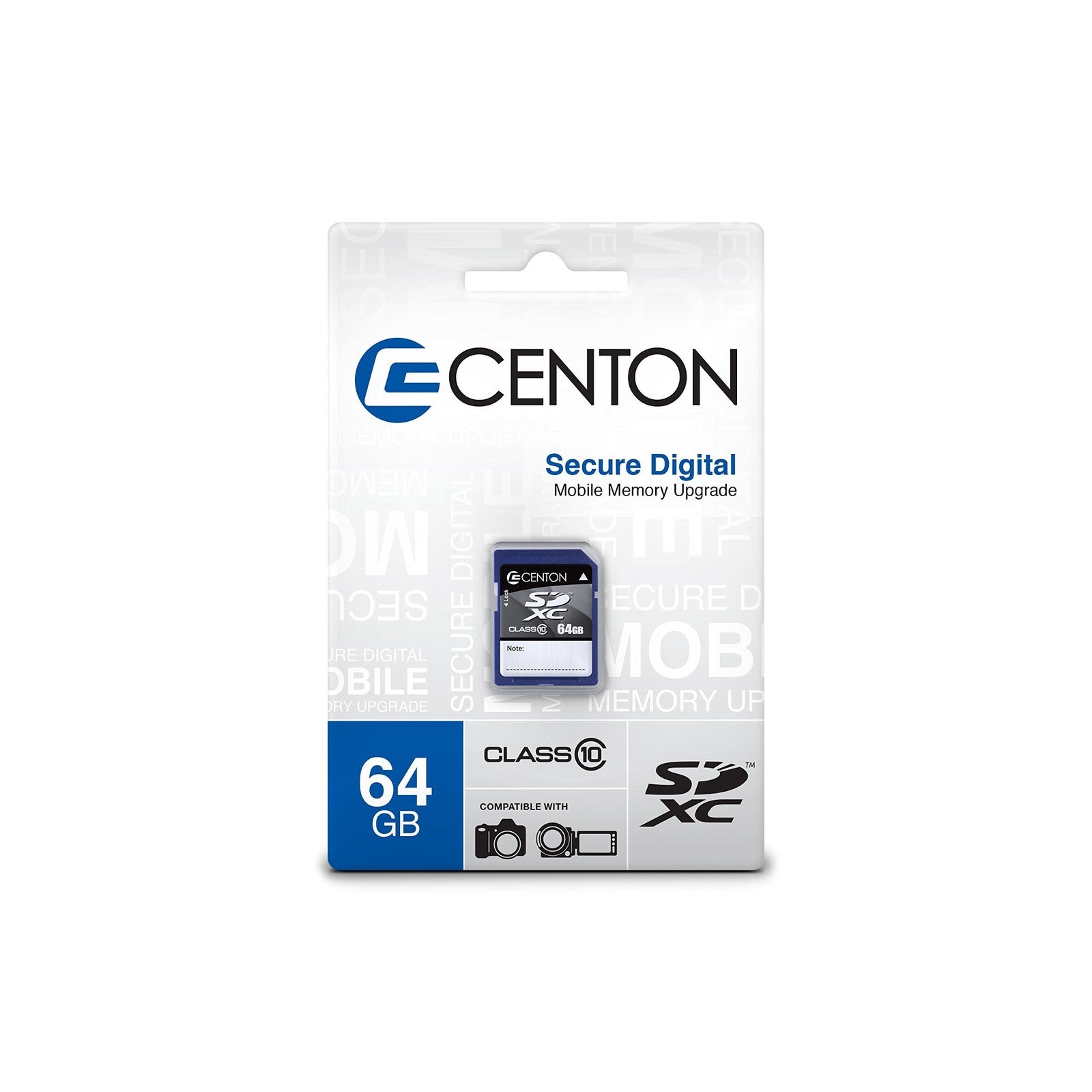 Centon 64GB Class 10 SD card with label and metallic connector, suitable for cameras and portable devices.