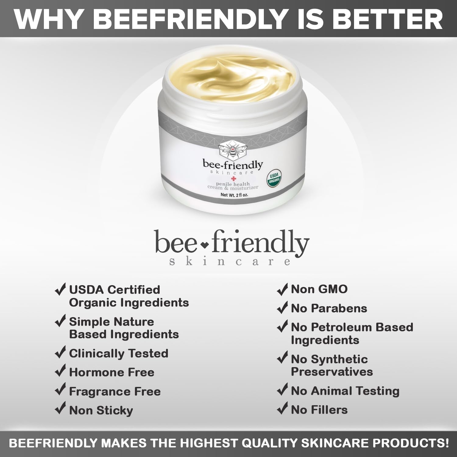 BeeFriendly Organic Penile Health Creme in 4oz jar, USDA certified natural moisturizer with a smooth, creamy texture for intimate care.