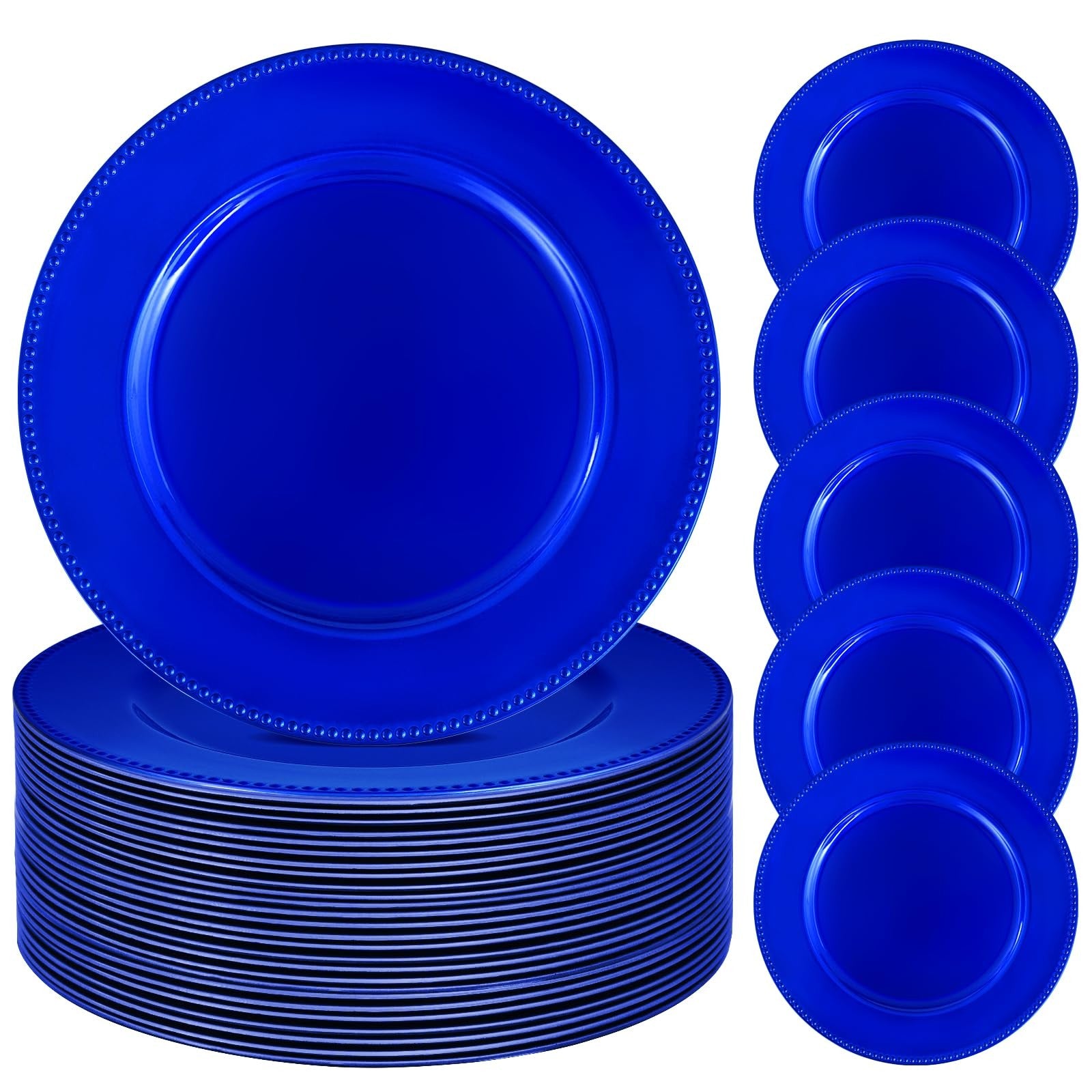 Set of 24 royal blue charger plates, 13-inch round beaded design by REWOMC, perfect for elegant dinner table settings.