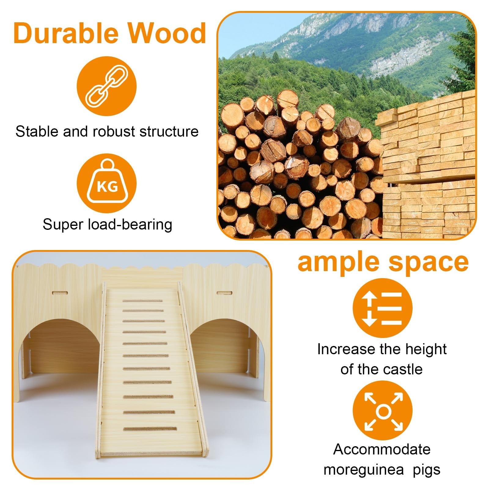 Qorviana large wooden guinea pig hideout with a ramp, upgraded guinea pig castle for cozy small pet shelter and play area