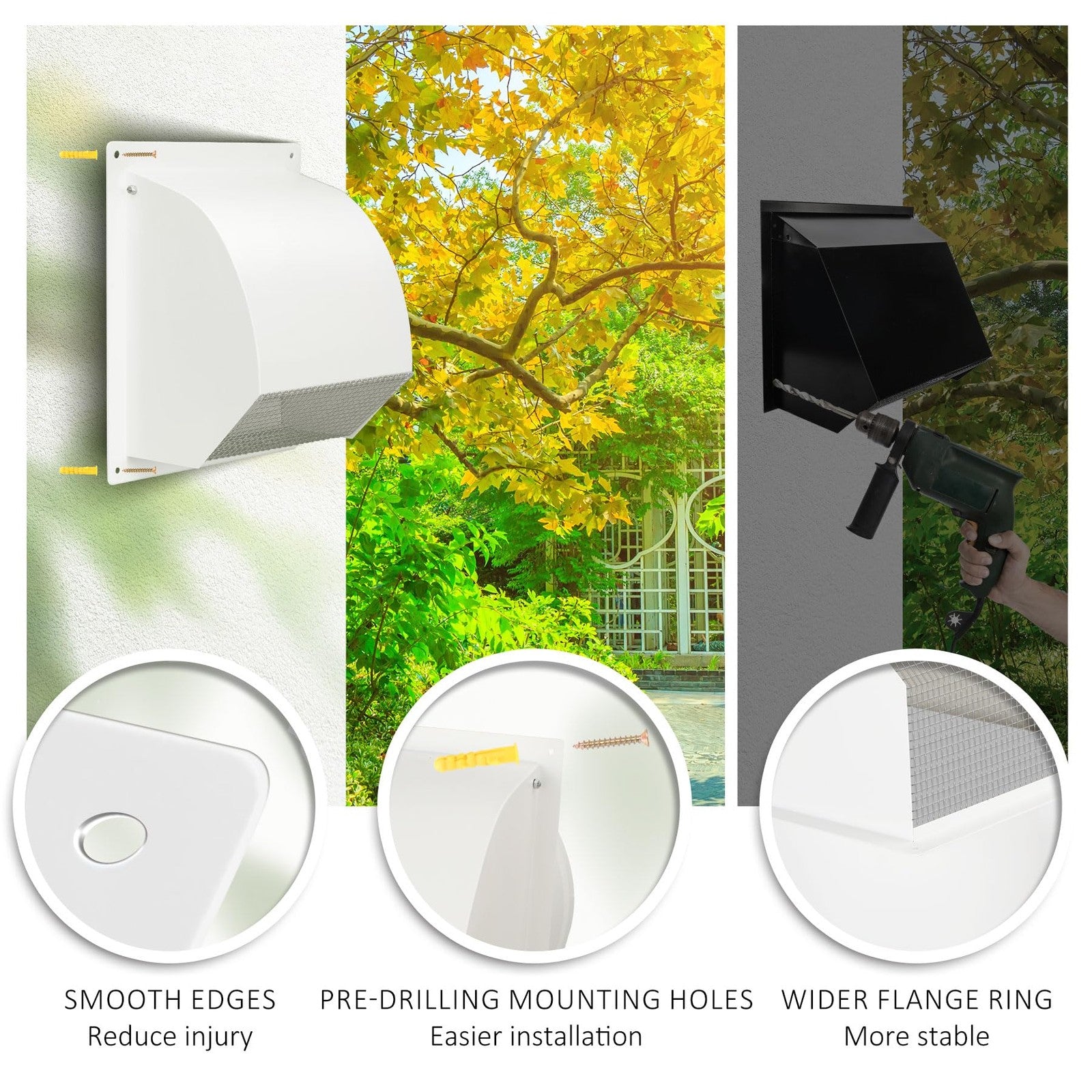 Sidasu 6-inch steel hooded wall vent with screen, arc-shaped design for exterior ventilation and weather protection.