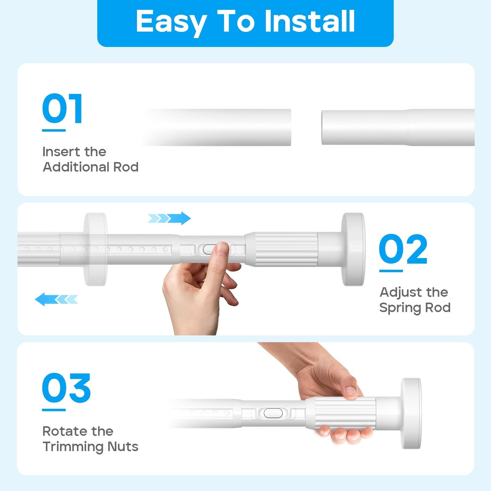White Zipglo tension shower curtain rod extending from 40 to 103 inches, showcasing a sleek, adjustable design for bathroom use.