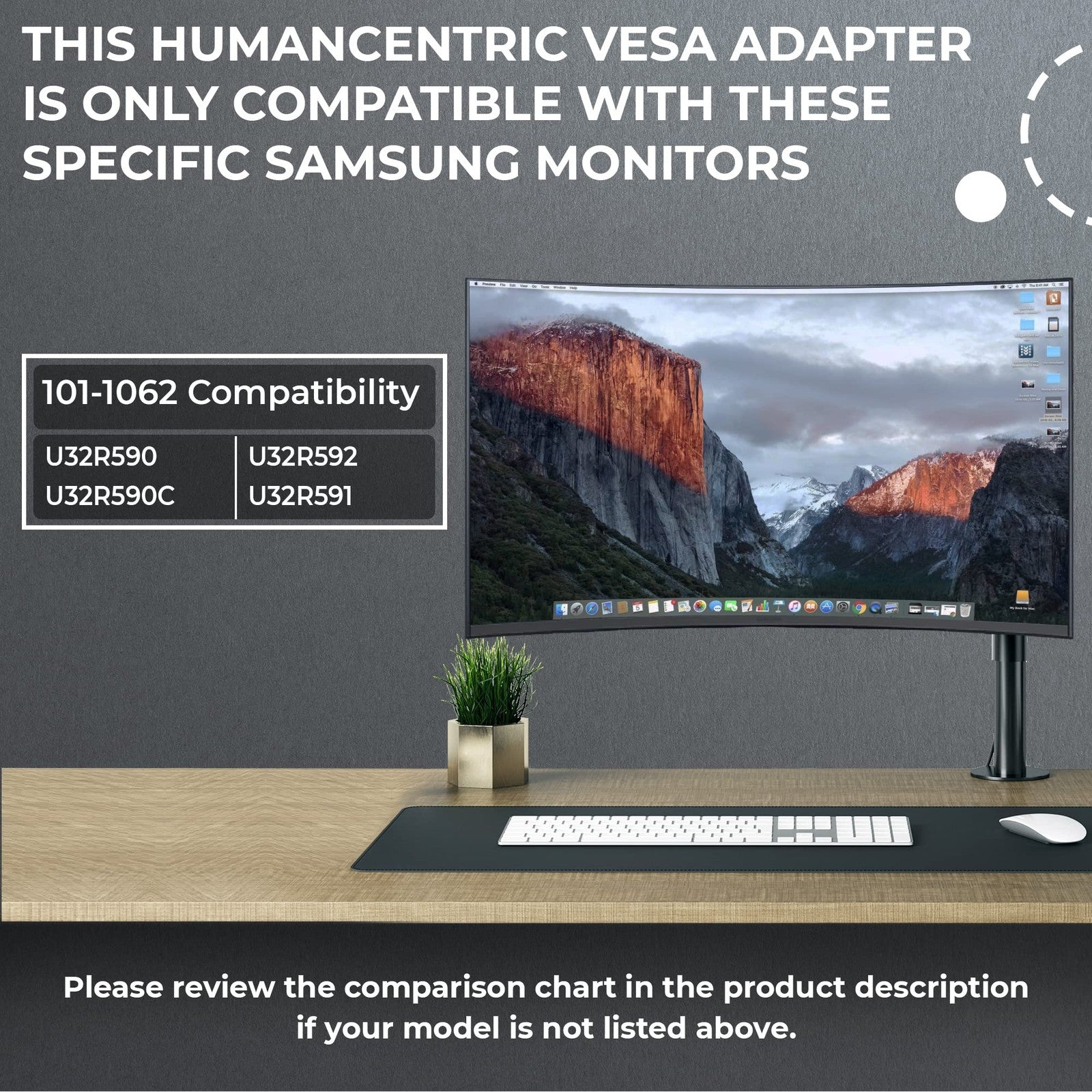 HumanCentric VESA mount adapter attached to Samsung U32R590 curved monitor for secure wall mounting and adjustable display positioning.