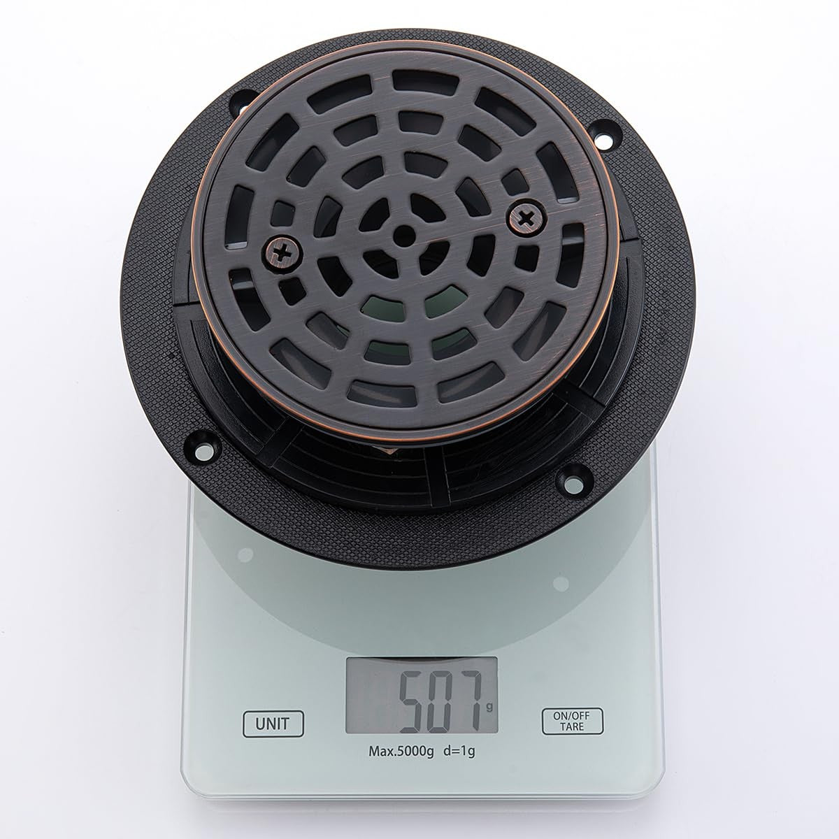 Round RANDOM stainless steel shower drain with oil rubbed bronze finish, SUS304 material, suitable for modern bathroom showers.
