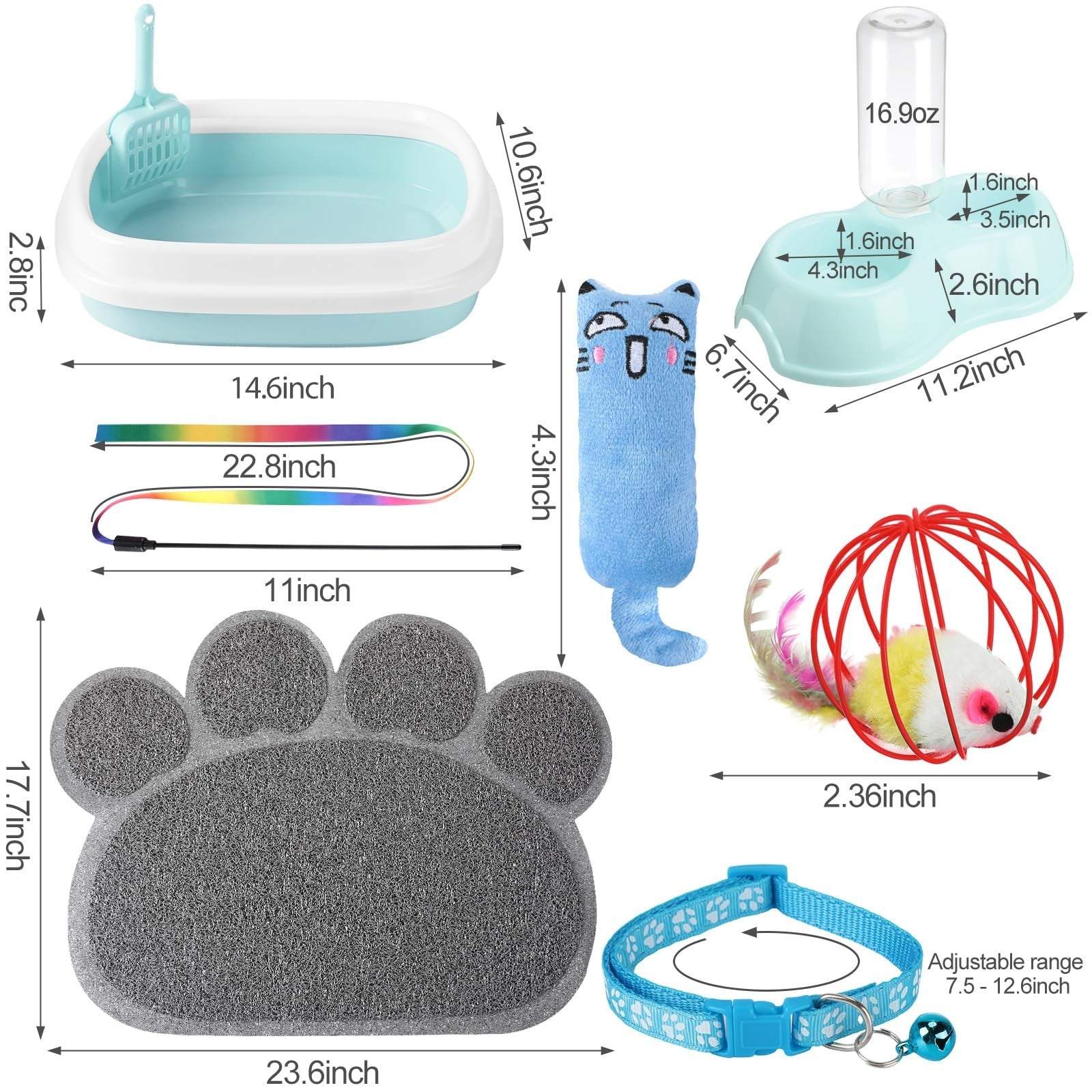 7-piece small kitten starter kit with blue litter box, scoop, mat, bowl, toys, and collar by Tioncy
