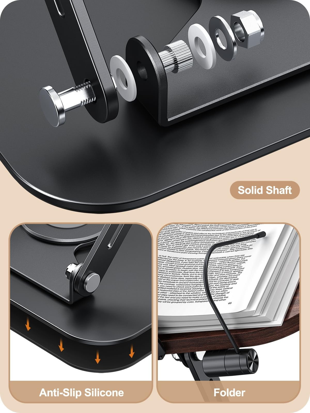 MOKURU adjustable foldable book stand for reading with 360° tilt, supporting books in a comfortable upright position.