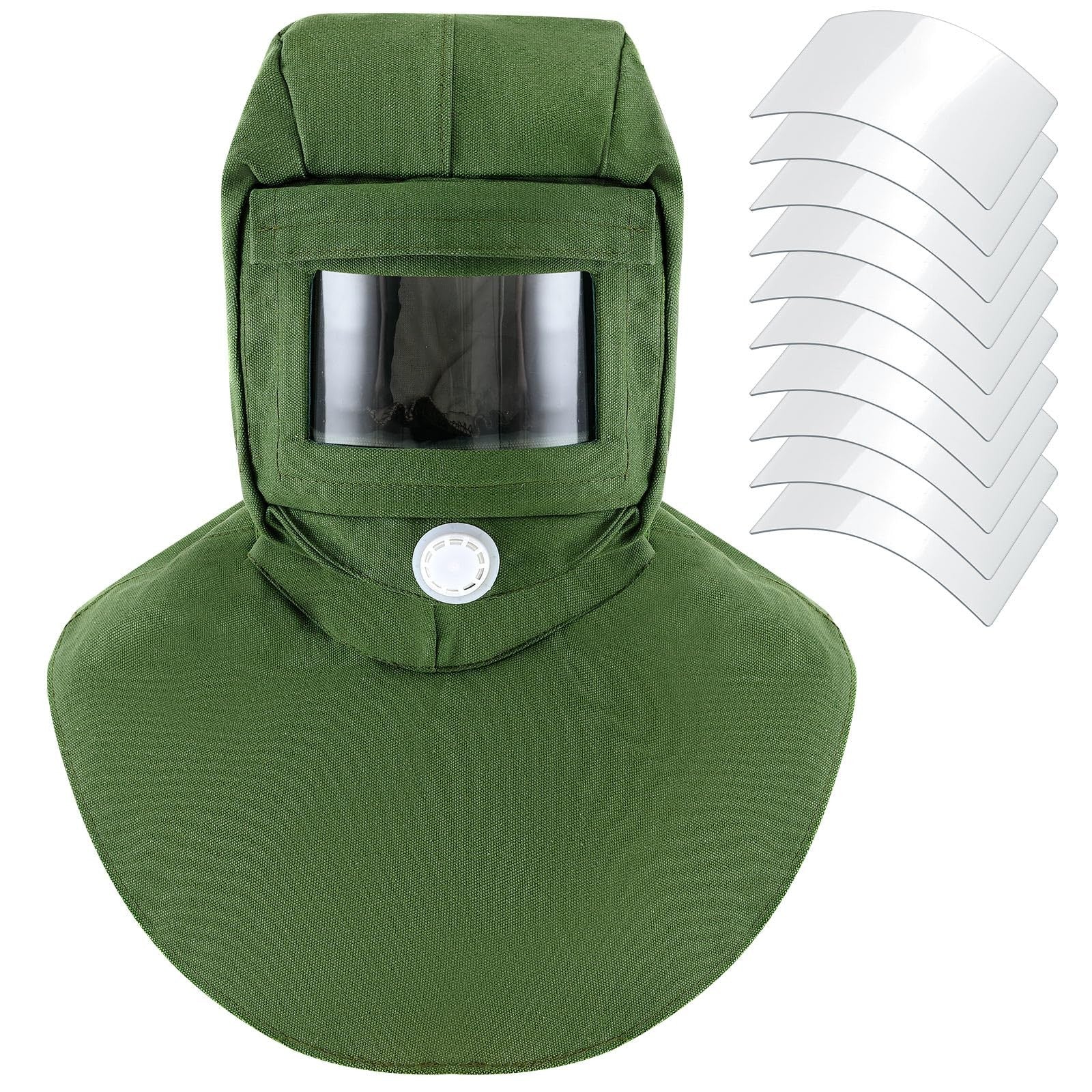 Jecery 11-pack sandblasting hood masks with replacement PC lenses, canvas shawl caps for protective blasting work.