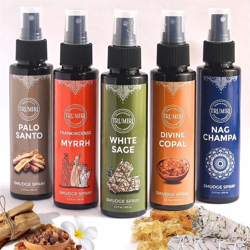 Set of 5 TRUMIRI smudge sprays including white sage, palo santo, frankincense, myrrh, nag champa, and copal in spray bottles.