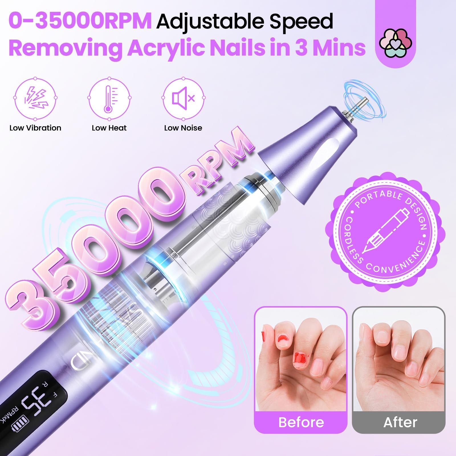 SAVILAND cordless electric nail drill with 35000RPM, portable nail file, ergonomic design, and adjustable speed settings.