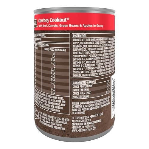 Cans of Merrick Grain Free Wet Dog Food Cowboy Cookout with deboned beef, arranged in a row on a white background.
