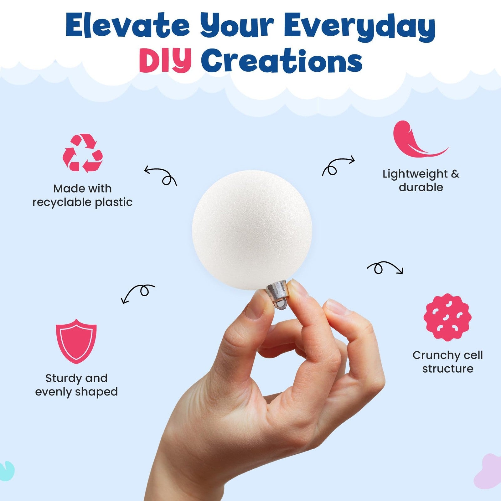 White Hygloss round foam balls for crafts, 3.8-inch size, suitable for arts and DIY projects, shown stacked in the image.
