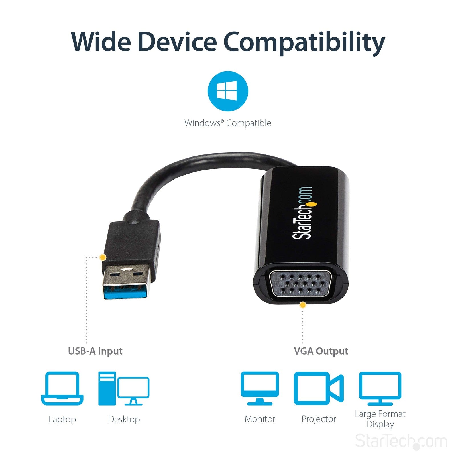 StarTech.com USB 3.0 to VGA adapter displaying a 1080p monitor connection for Windows computers.