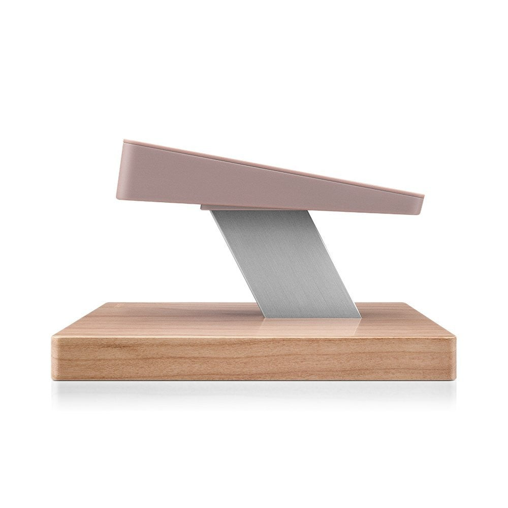BenQ treVolo stand in cherry wood for treVolo portable Bluetooth speakers, shown with the speaker on the stand.