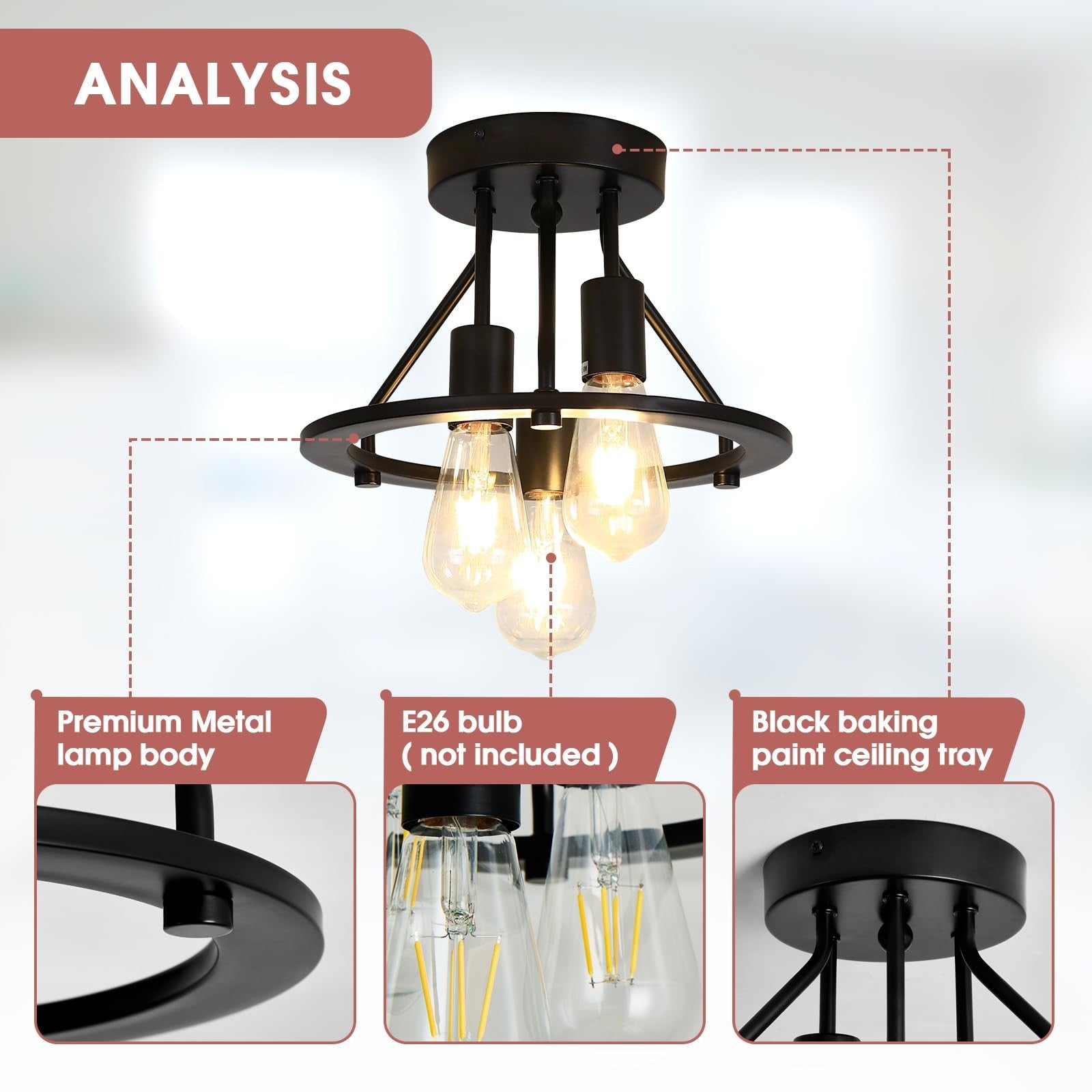 Qgiytp semi-flush mount ceiling light fixture with three matte black lights and modern design, suitable for contemporary interiors.