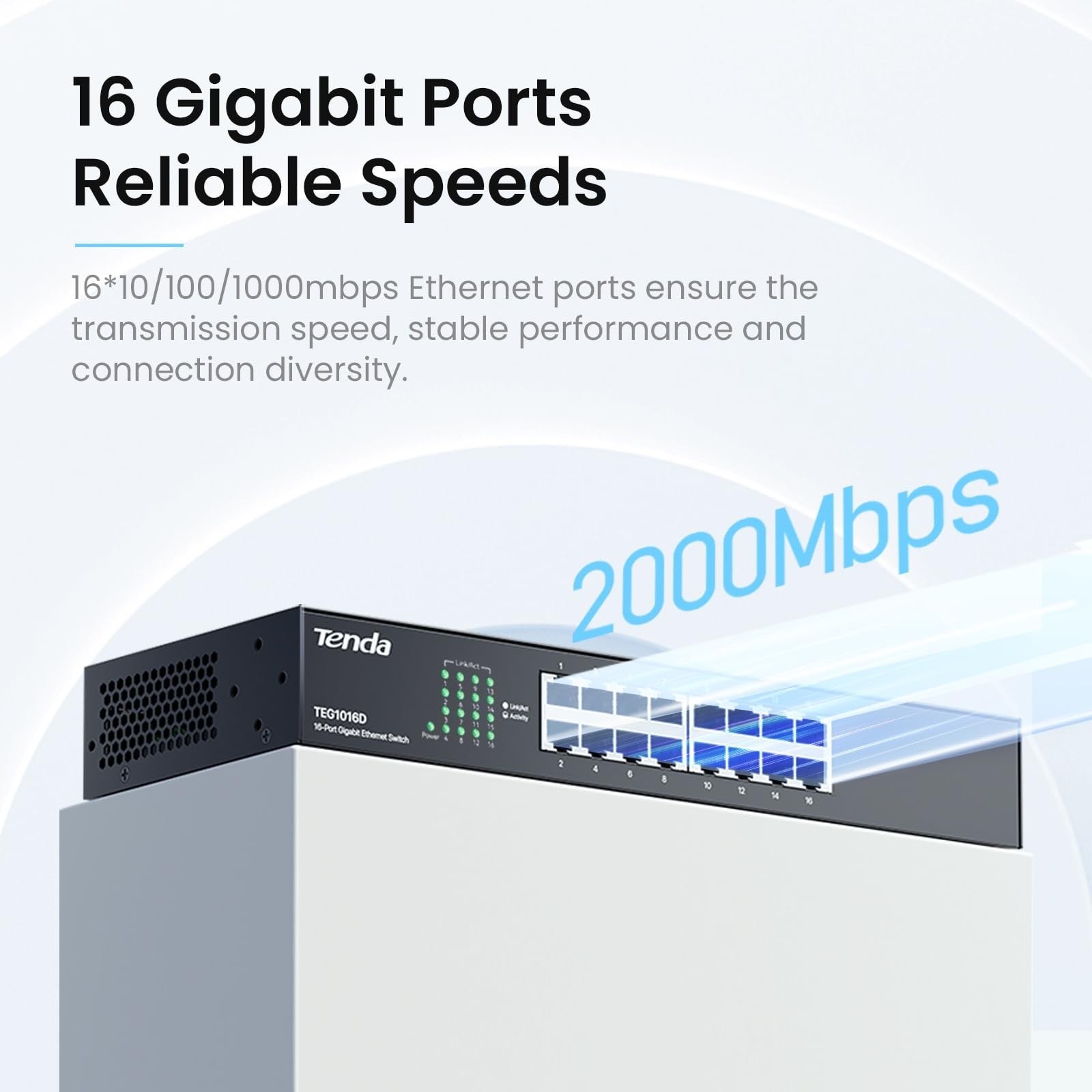Tenda TEG1016D 16-port Gigabit unmanaged desktop network switch with LED indicators and metal case, ideal for office networking.