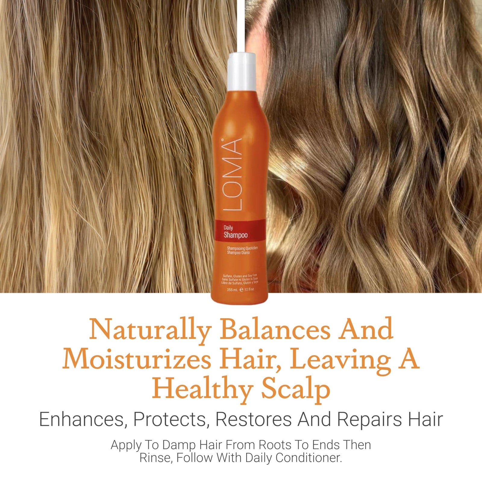 Loma Daily Shampoo in a 33-ounce bottle, clear liquid shampoo with a pump dispenser, designed for daily hair cleansing.