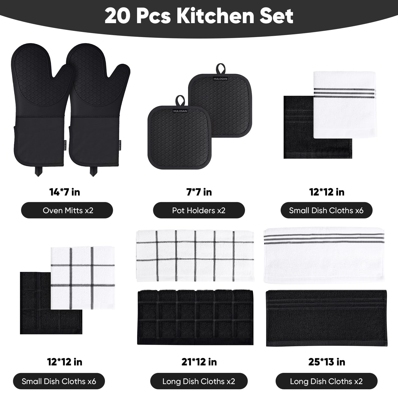 HULOSAN silicone oven mitts and pot holder set with 100% cotton dish towels for kitchen protection and heat resistance.