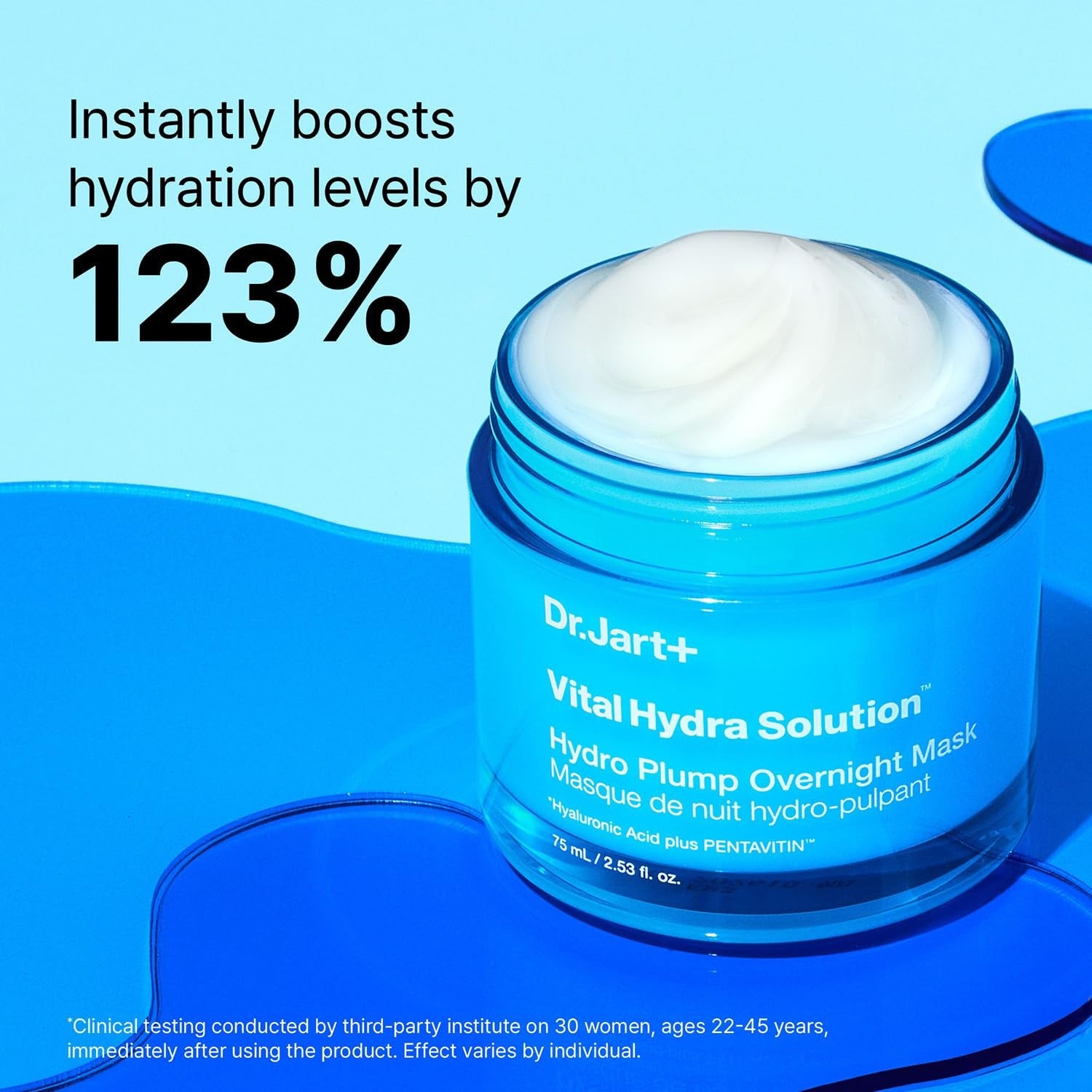Dr.Jart+ Vital Hydra Solution Hydro Plump Overnight Korean face mask with hyaluronic acid, showing the mask's packaging and texture.