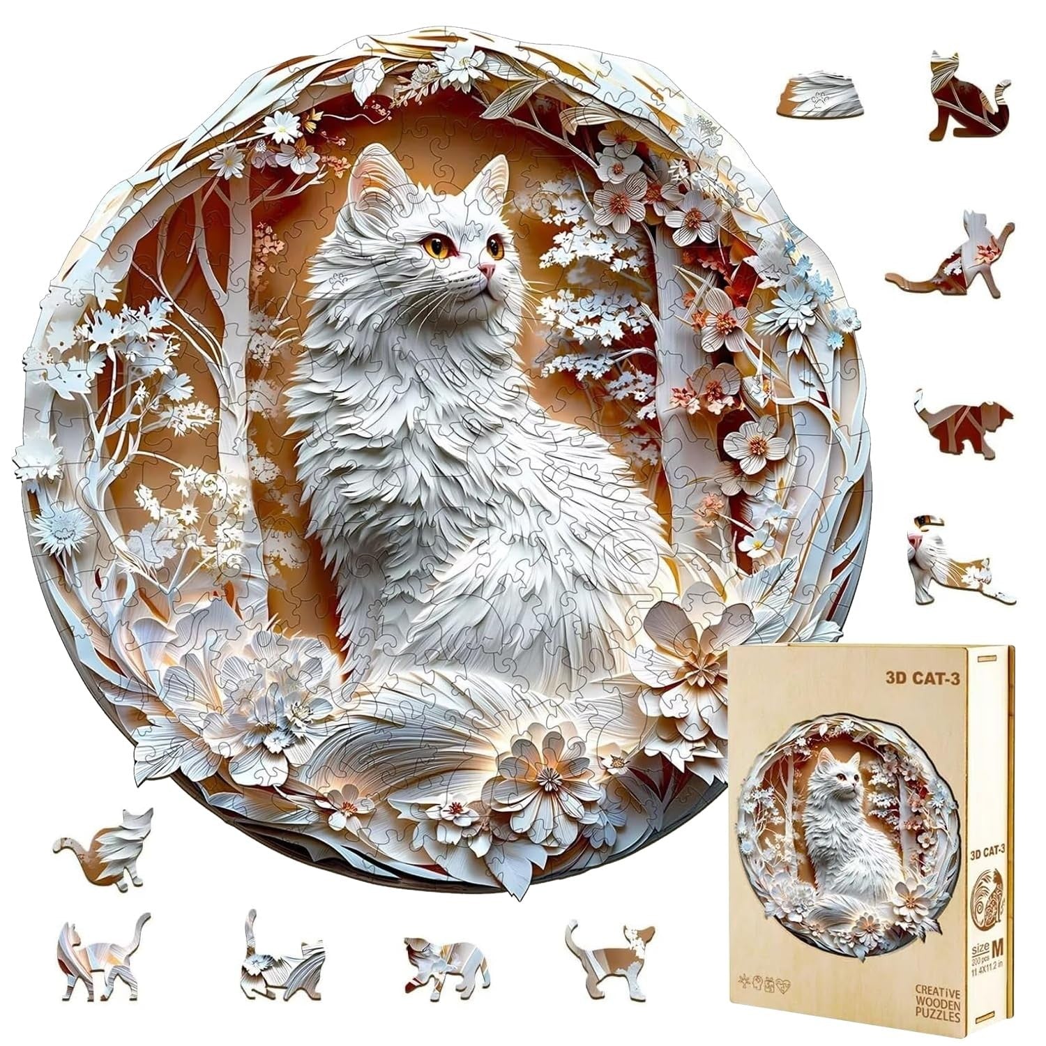 Jollitot 3D wooden puzzle for adults featuring a white cat and cherry blossoms, with intricate cherry blossom and cat design, 200 pieces.