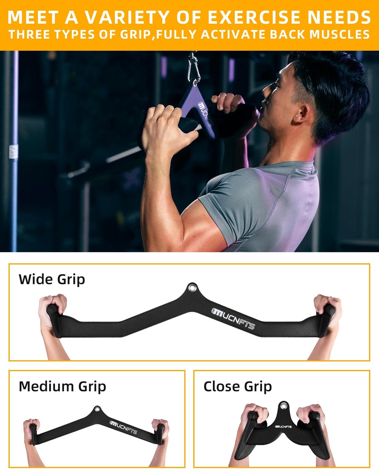 Mucnfts LAT pulldown attachments with thick ergonomic back and tricep handle for cable machine workouts.