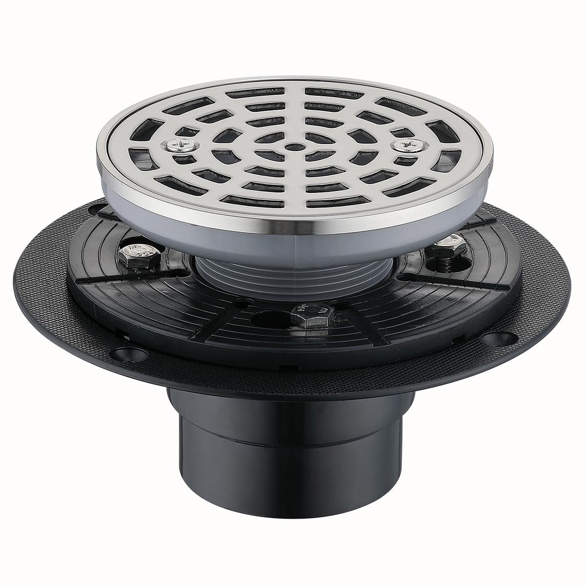 Random round shower drain in brushed nickel, 4-inch with adjustable PVC fitting for easy installation.