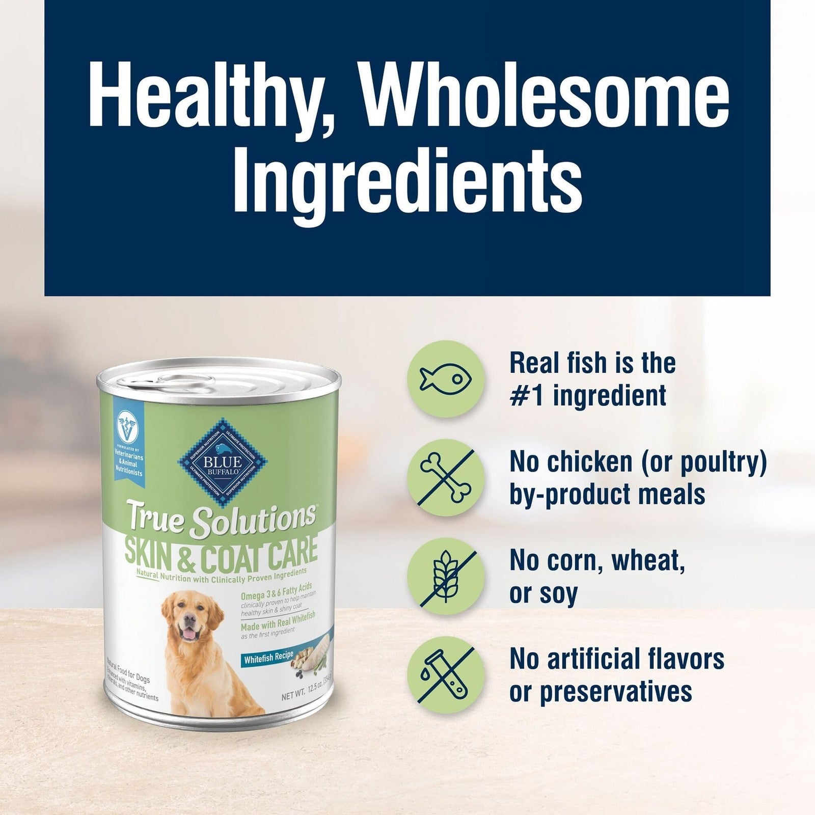 Blue Buffalo True Solutions Skin & Coat Care wet dog food for adult dogs in a can, featuring a nutritious formula with meat and vegetables.