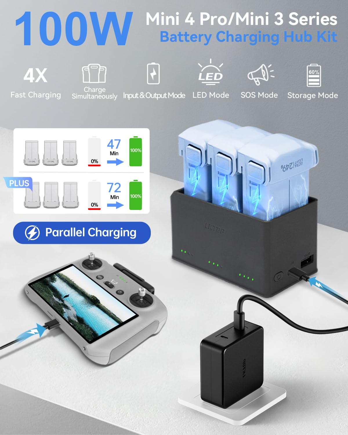 LKTOP 100W Mini 5/4/3 Pro Parallel Charging Hub for DJI Mini Series, showing compact black charging device with multiple ports.