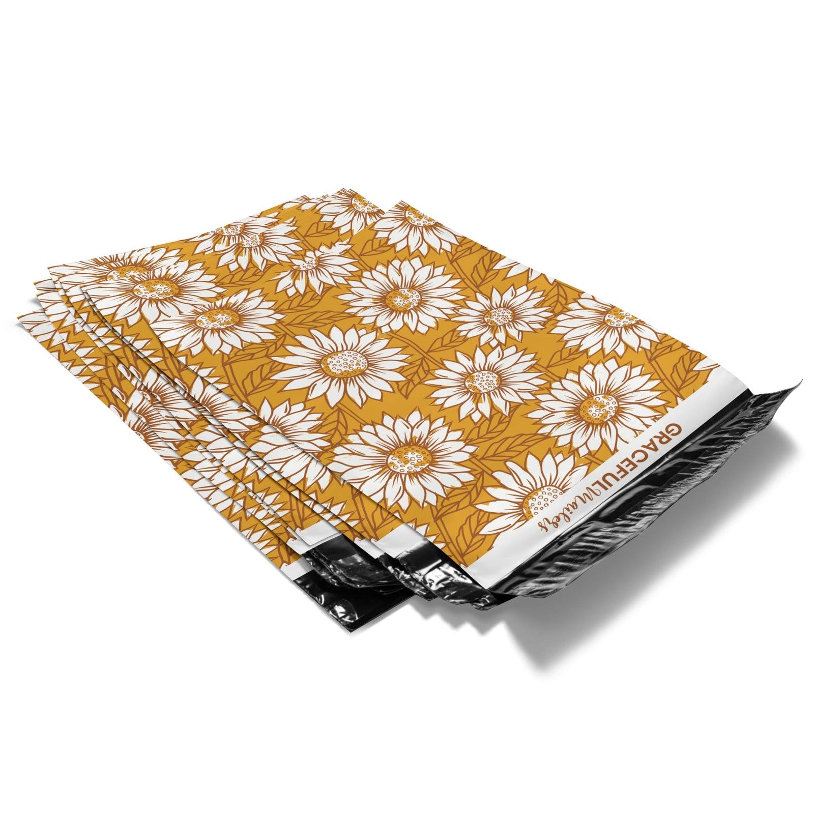 Graceful Mailers waterproof 10x13 poly mailers, tear-resistant shipping envelopes, 100-pack stacked flat for bulk mailing.