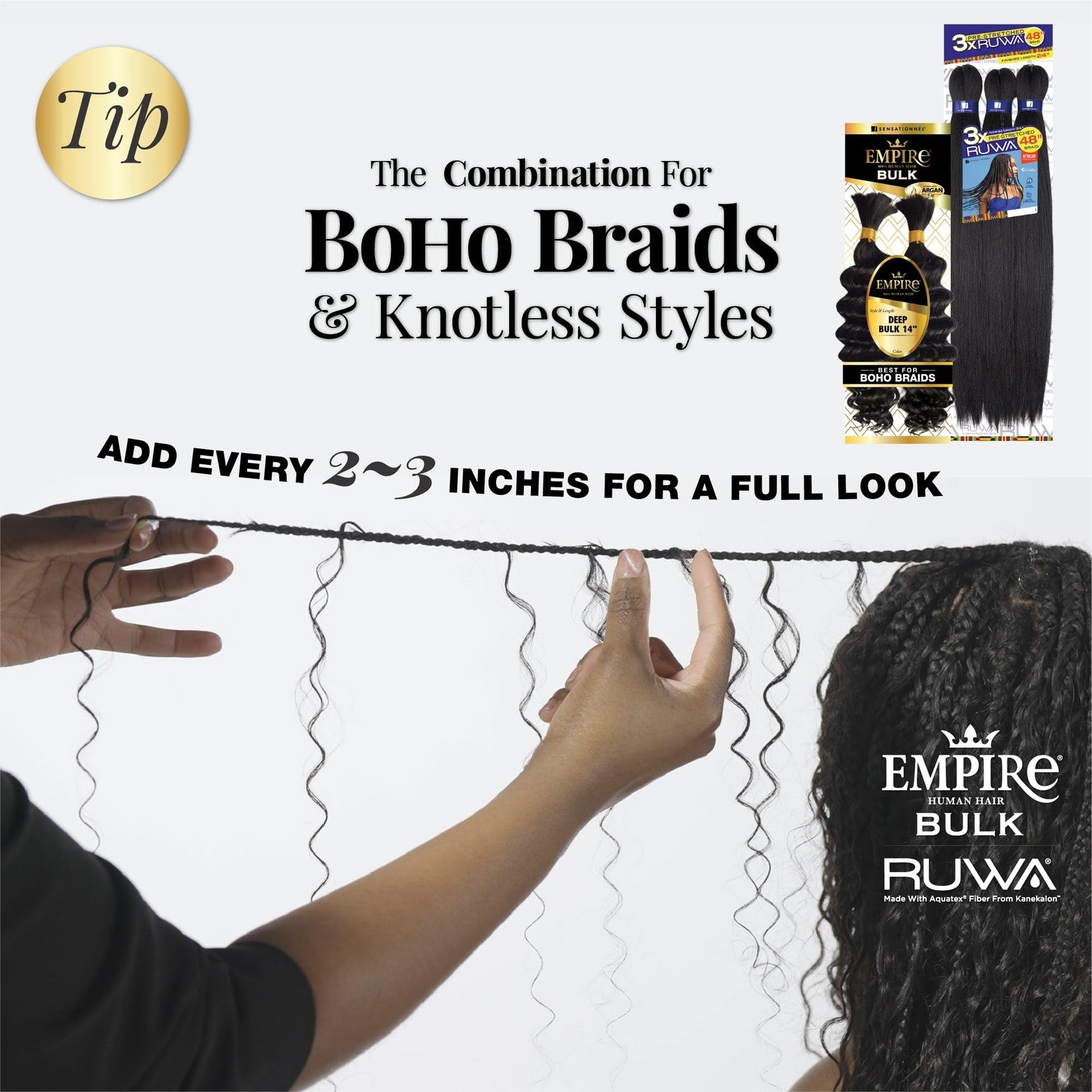 Sensational Empire Bulk Braiding hair for knotless boho box braids, deep human hair texture, displayed in a natural braid style.