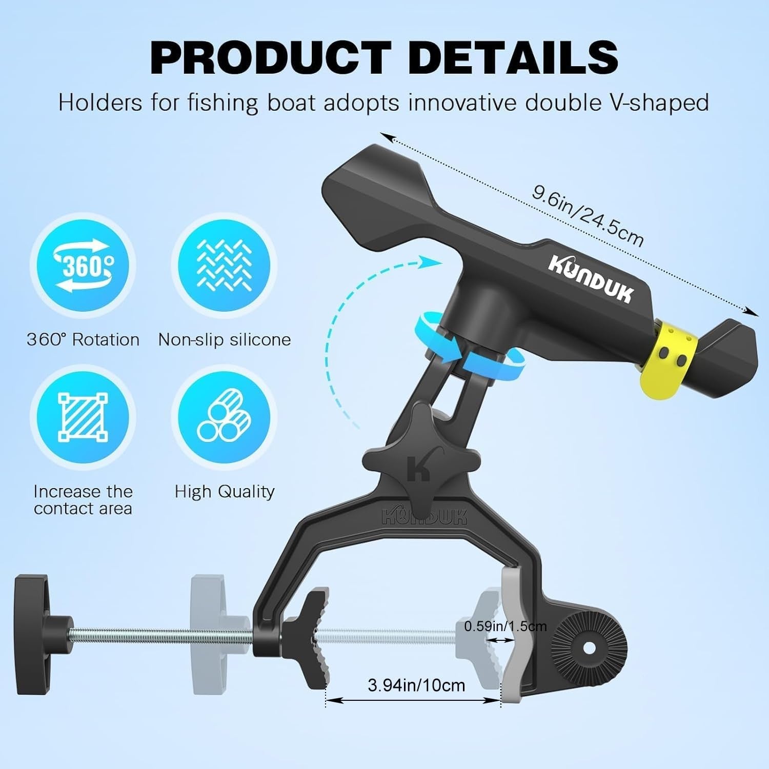 KUNDUK upgraded fishing rod holder with button-lock, 360° dual rotation, universal silicone grip for secure fishing rod support.