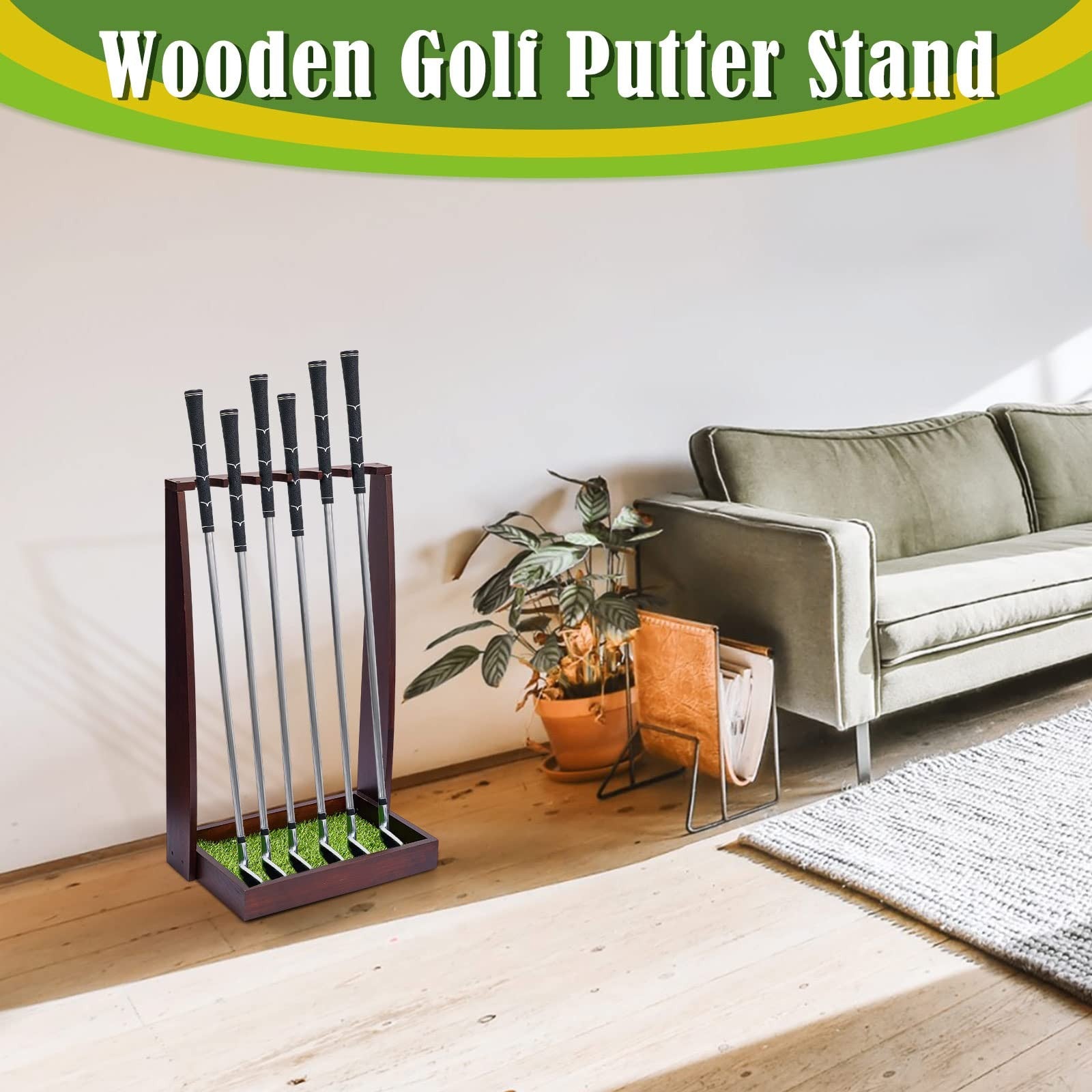 Lenwen wooden golf club holder stand with space for six clubs, designed to organize and display golf putters and clubs.