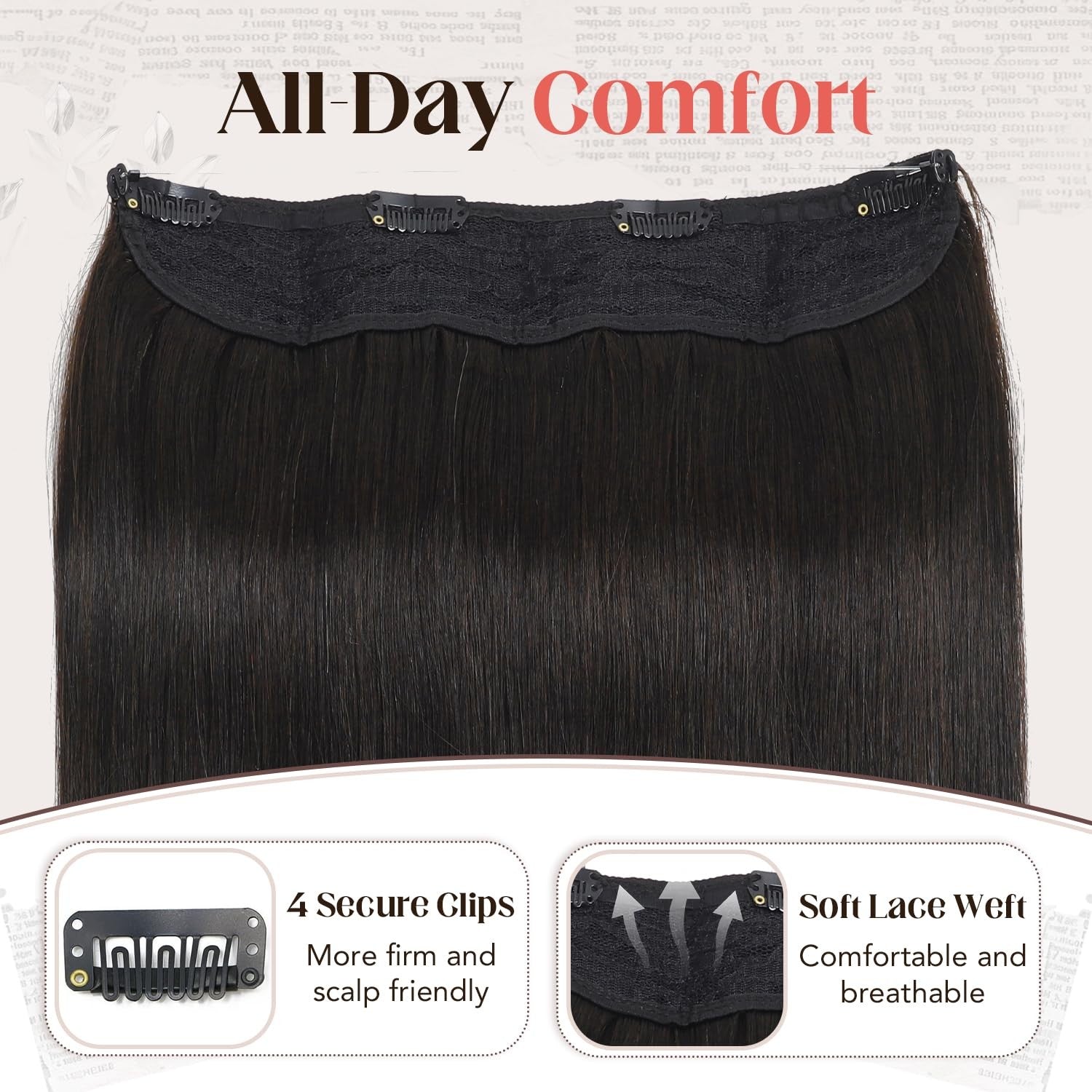 XDhair invisible wire hair extensions in natural black, 70g of real human hair, showcasing the seamless, lightweight design.