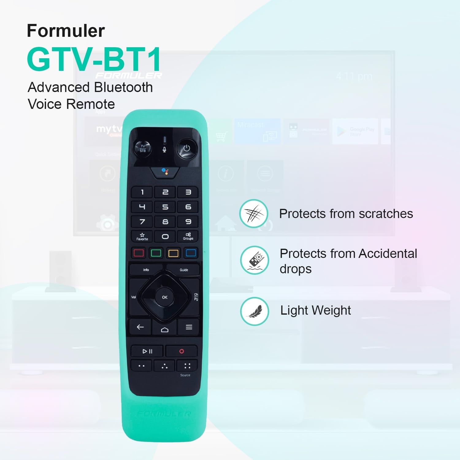 Formuler BT1 remote control for Z7+, Z8, Z10, Z11, Z Alpha, and CC models, shown with buttons and sleek design.