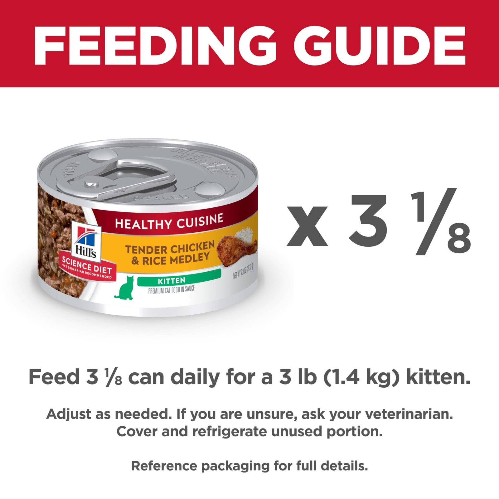 Canned Hill's Science Diet Kitten Wet Cat Food Chicken and Rice Stew in 2.8oz can, showing the stew with chicken pieces and rice.