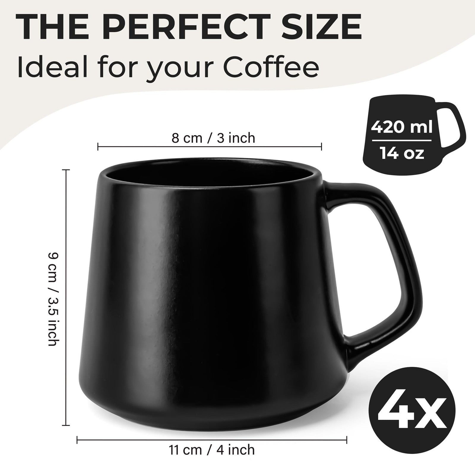 Set of four large MIAMIO ceramic coffee mugs in black, 14oz, microwave and dishwasher safe, with a sleek modern design.