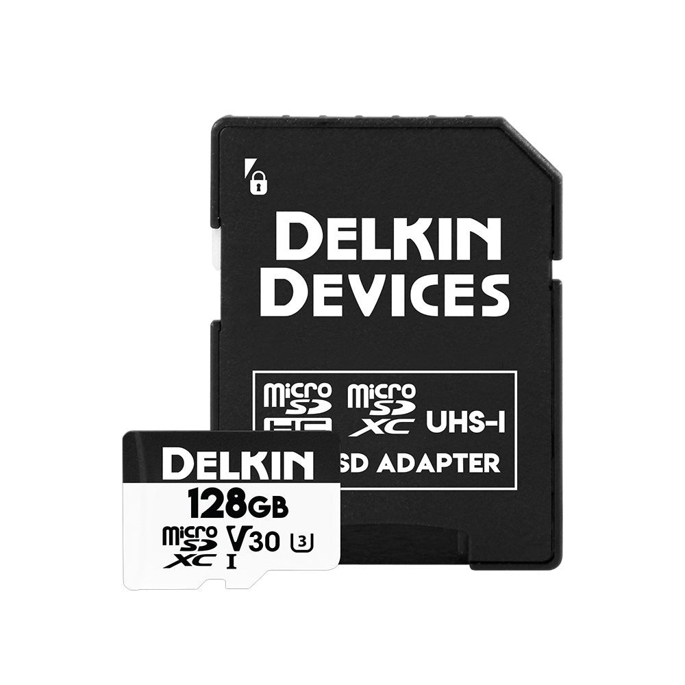 Delkin Devices 128GB Hyperspeed Micro SD Card with adapter, UHS-I, 100MB/s read speed, suitable for high-performance devices.