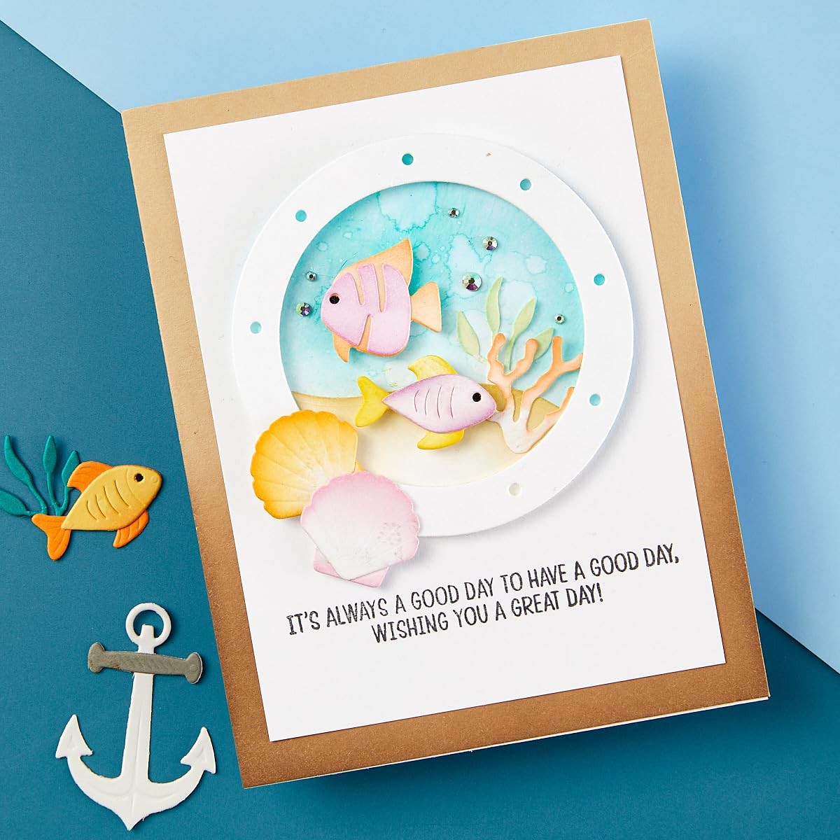 Spellbinders Coastal Escape View etched dies set featuring intricate window and coastal scene designs for paper crafting projects.