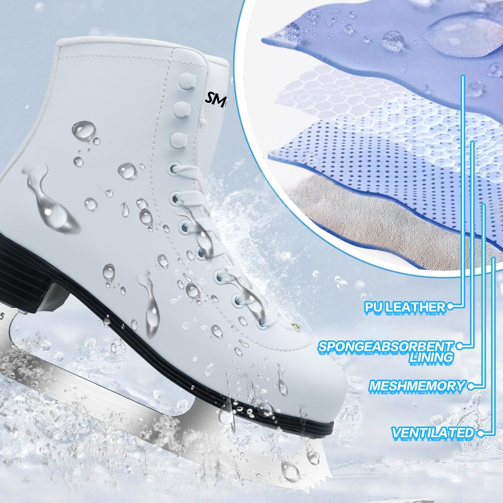 SMOOJOY classic ice figure skates for women and men with white laces, suitable for indoor and outdoor use.