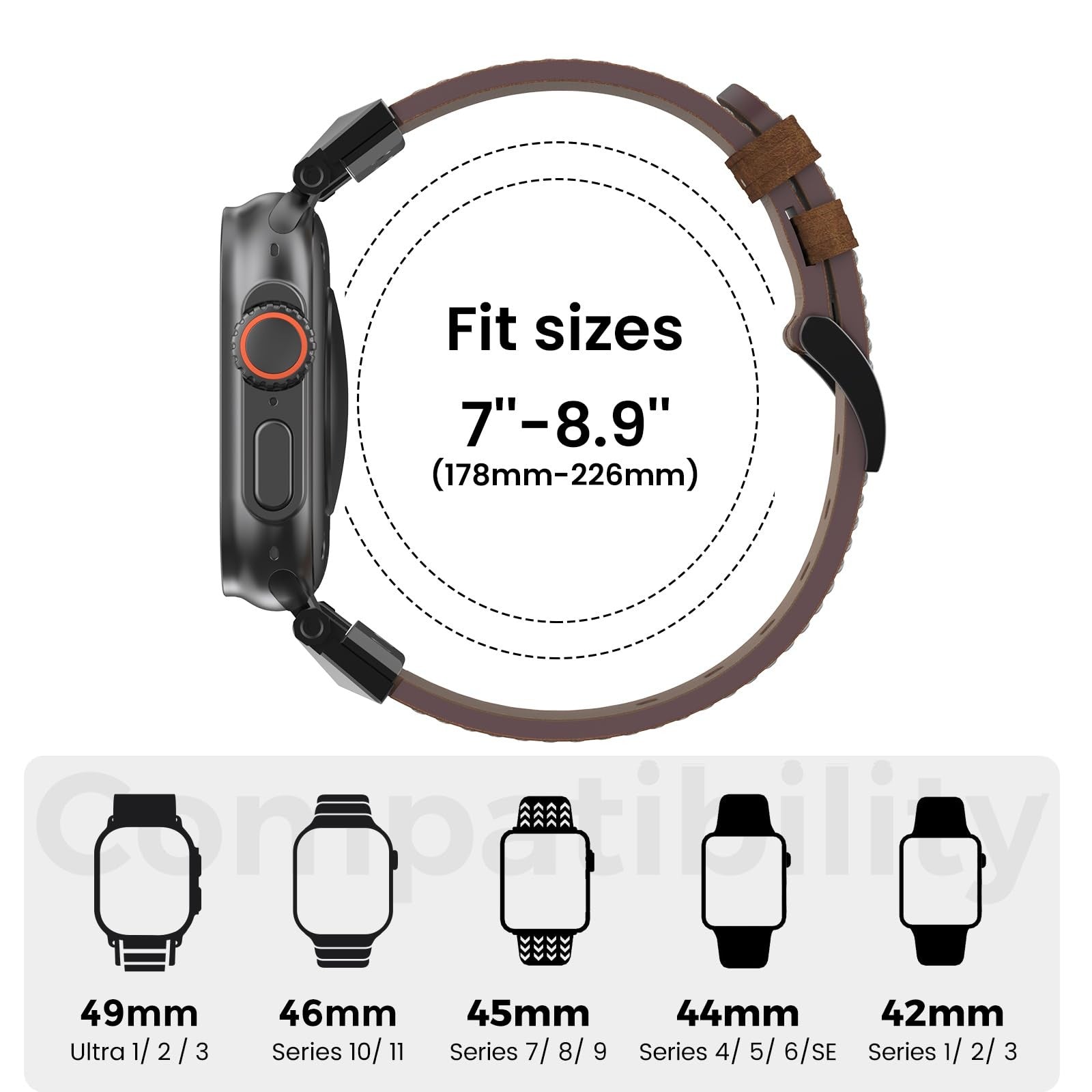 Bouixel genuine leather Apple Watch Ultra 3 band in black, compatible with 49mm and 46mm sizes, featuring a sleek, durable design.