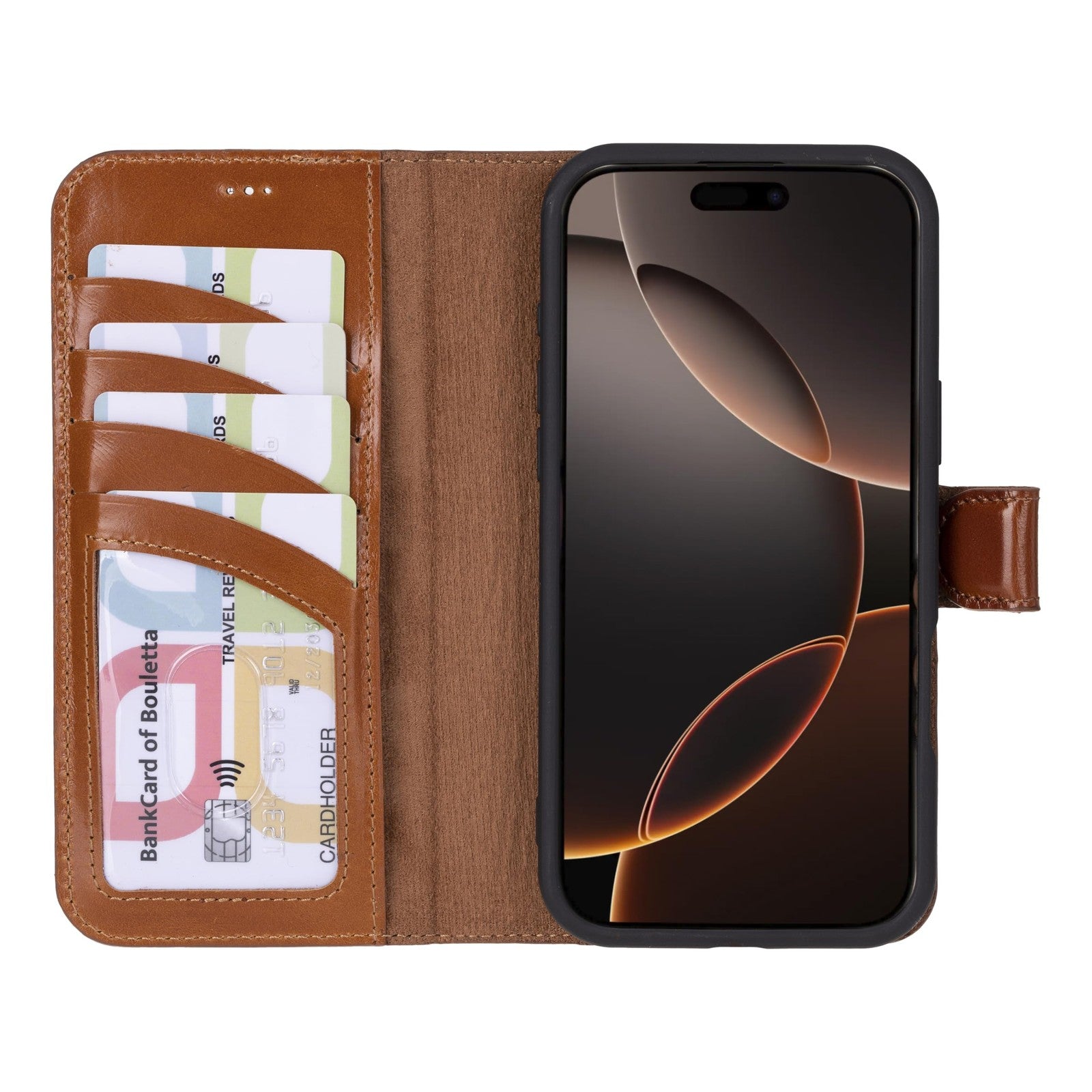 Bouletta iPhone 16 Pro case with wallet, MagSafe compatibility, kickstand, and impact-resistant drop protection.
