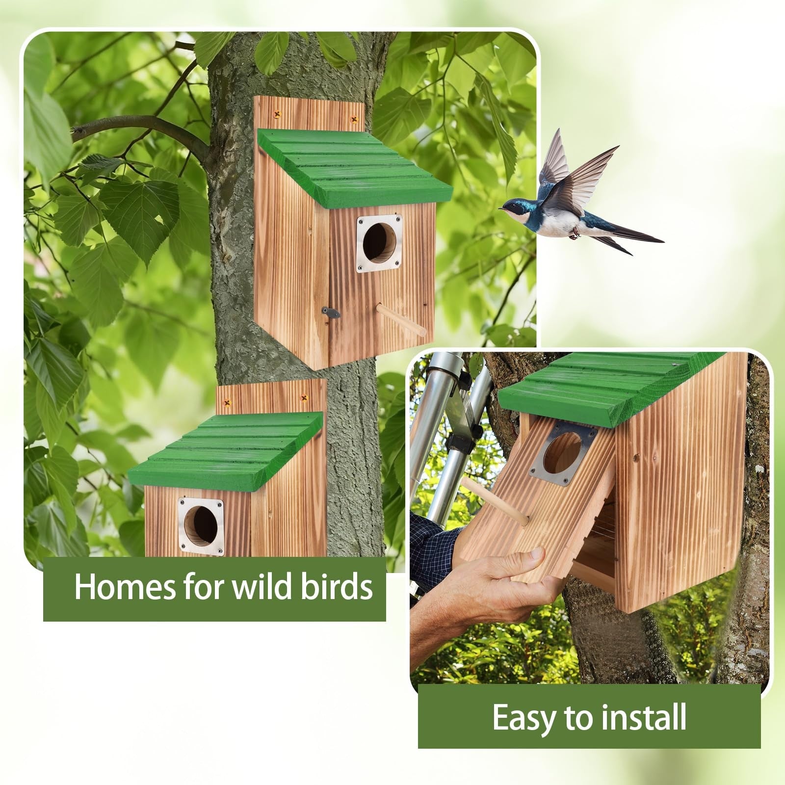 Four blue wooden bird houses with predator guards for outdoor use, designed for bluebirds, by Hoamayya.