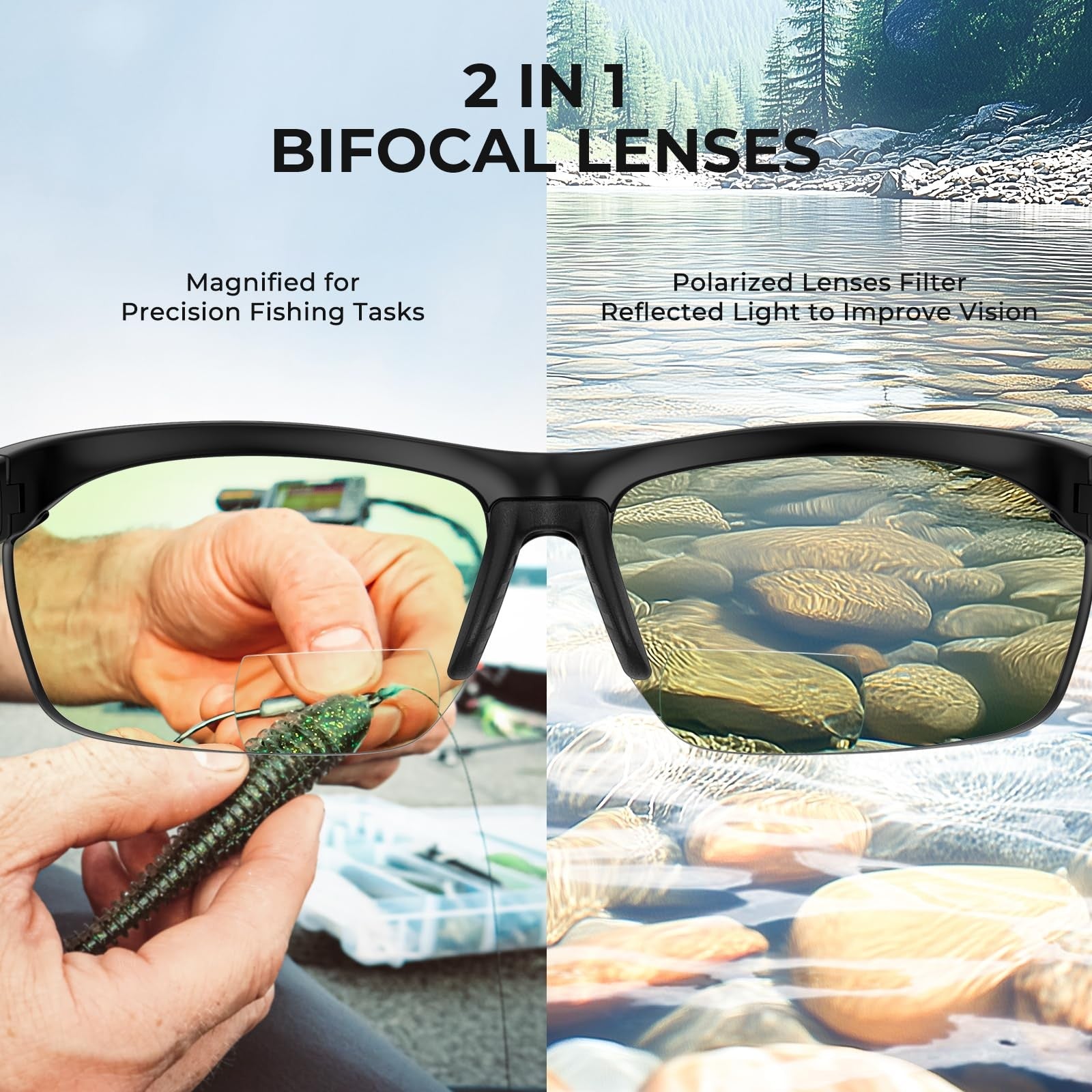 KastKing Tugaloo semi-rimless polarized bifocal reader sunglasses with 1.5 magnification, featuring tinted lenses and lightweight frame.