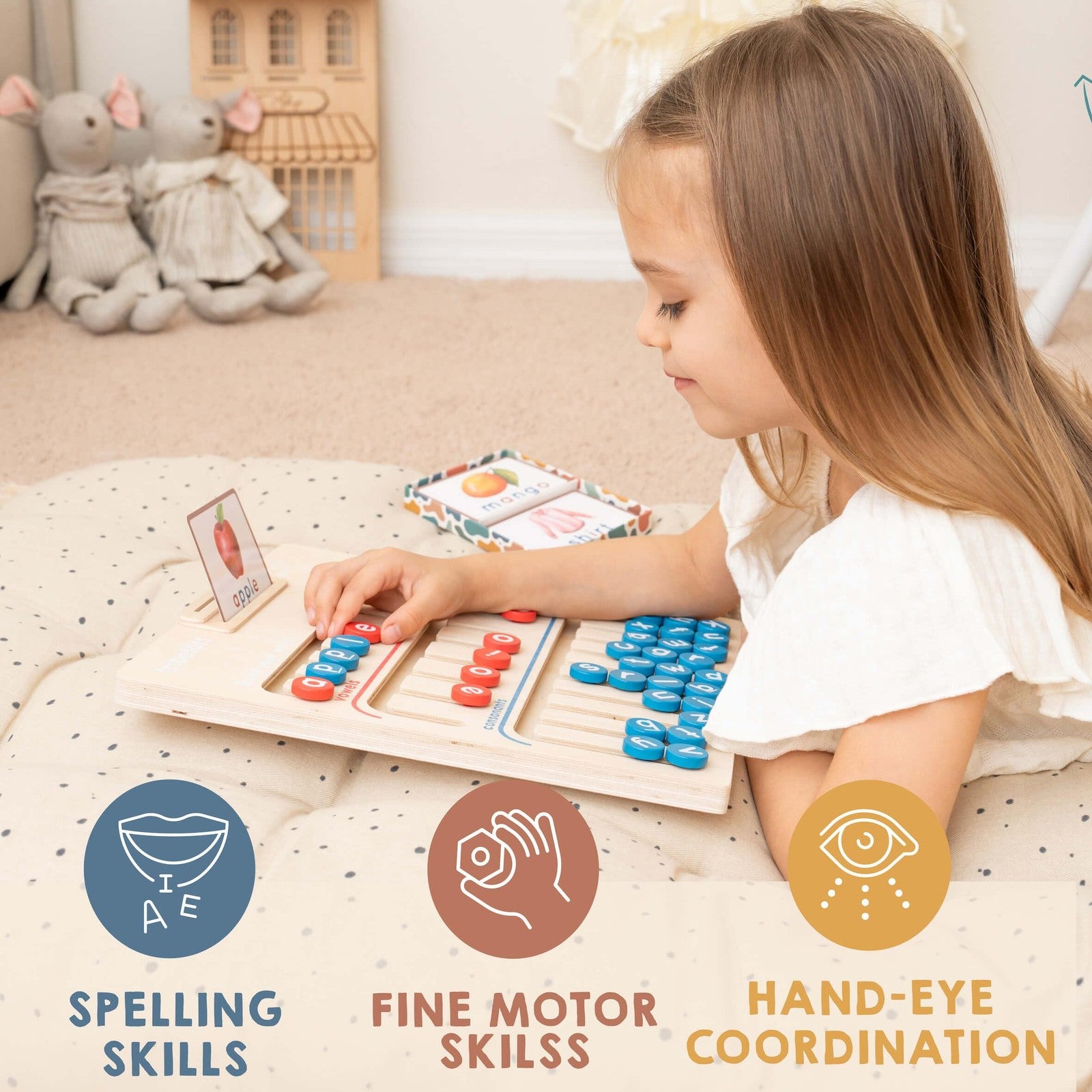 Wooden Montessori alphabet learning toy by Tribetots for 4-year-old kids, featuring colorful educational wooden letter blocks.