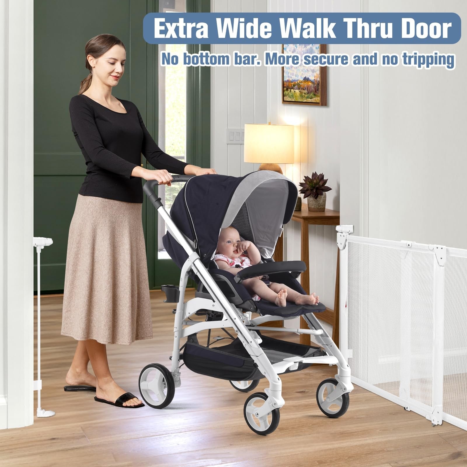 Bingguz No Bottom Bar Baby Gate for Stairs, adjustable 34-55 inch safety gate with large walk-through opening