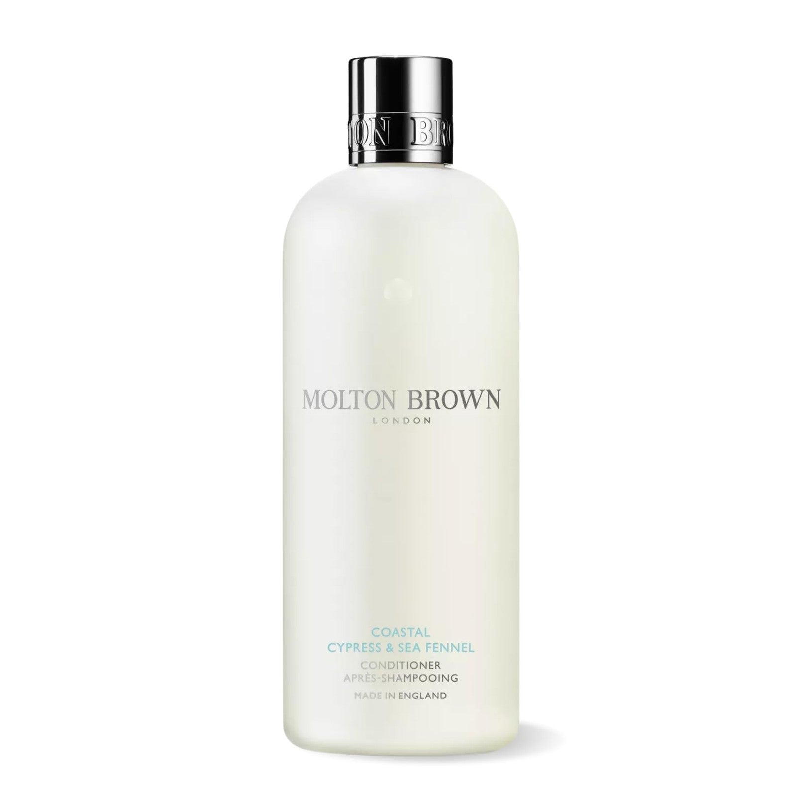 Molton Brown Coastal Cypress & Sea Fennel Conditioner bottle with label and pump dispenser, featuring ocean-inspired design.