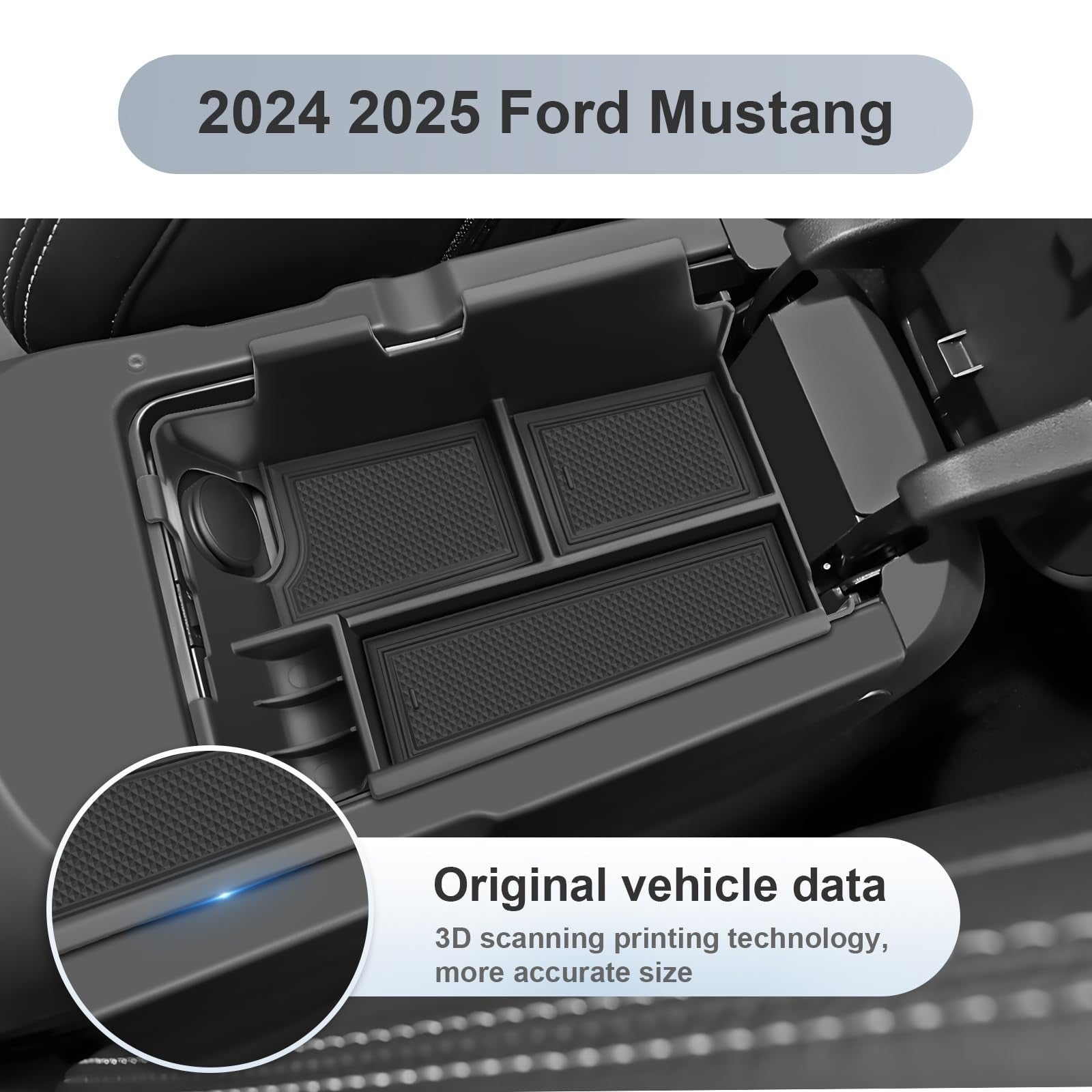 SKTU 3-piece Mustang center console organizer for 2024-2026 Ford Mustang, featuring compartments and storage space inside the vehicle